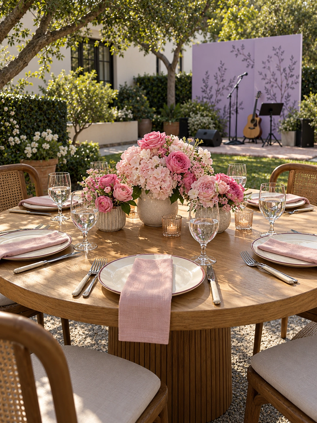 AI design study: Pink flowers and blush napkins on an outdoor courtyard dining table