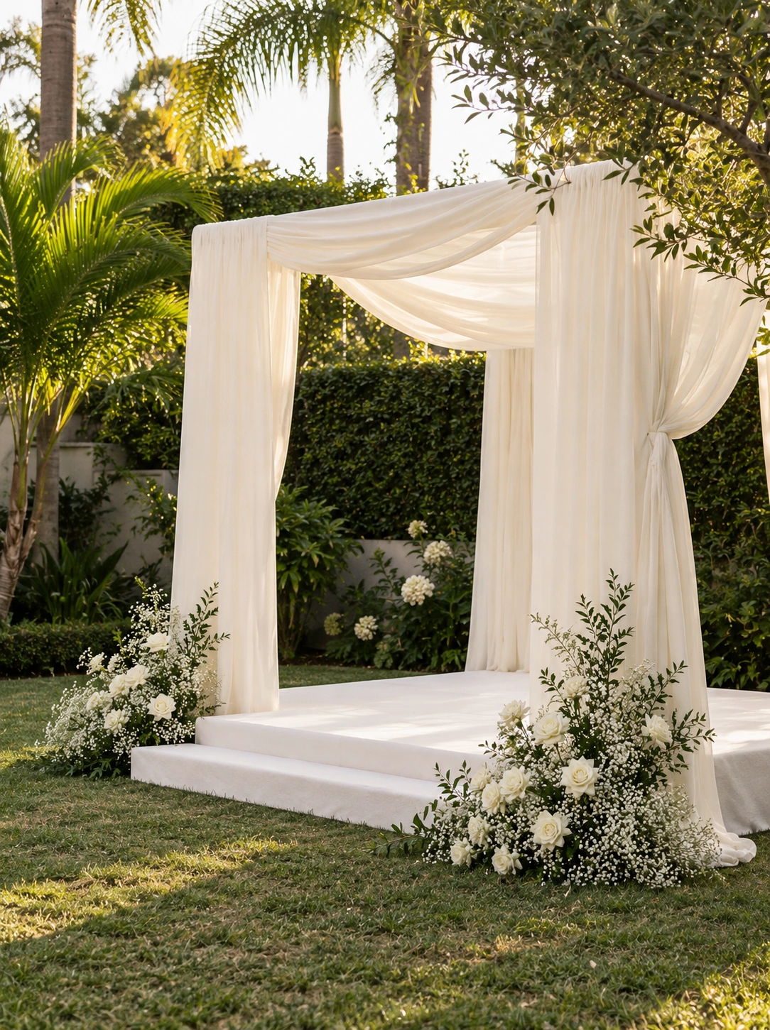 AI design study: An ivory draped canopy with simple white ground arrangements in a garden