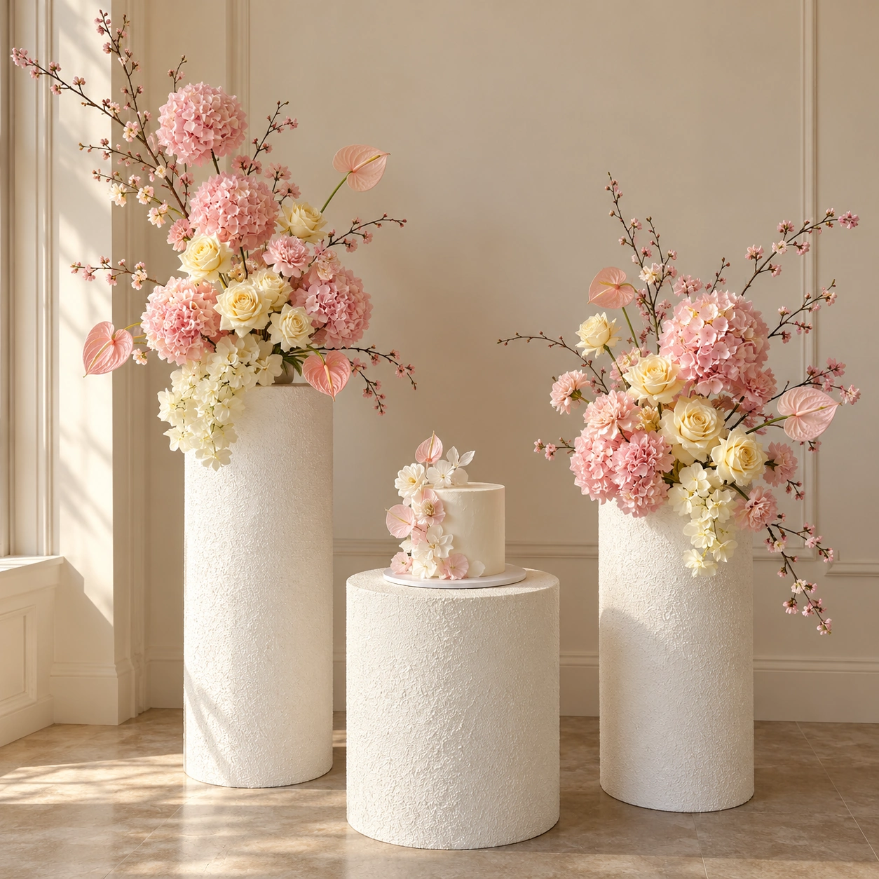 AI design study: Pastel flowers and a simple cake on three ivory plinths