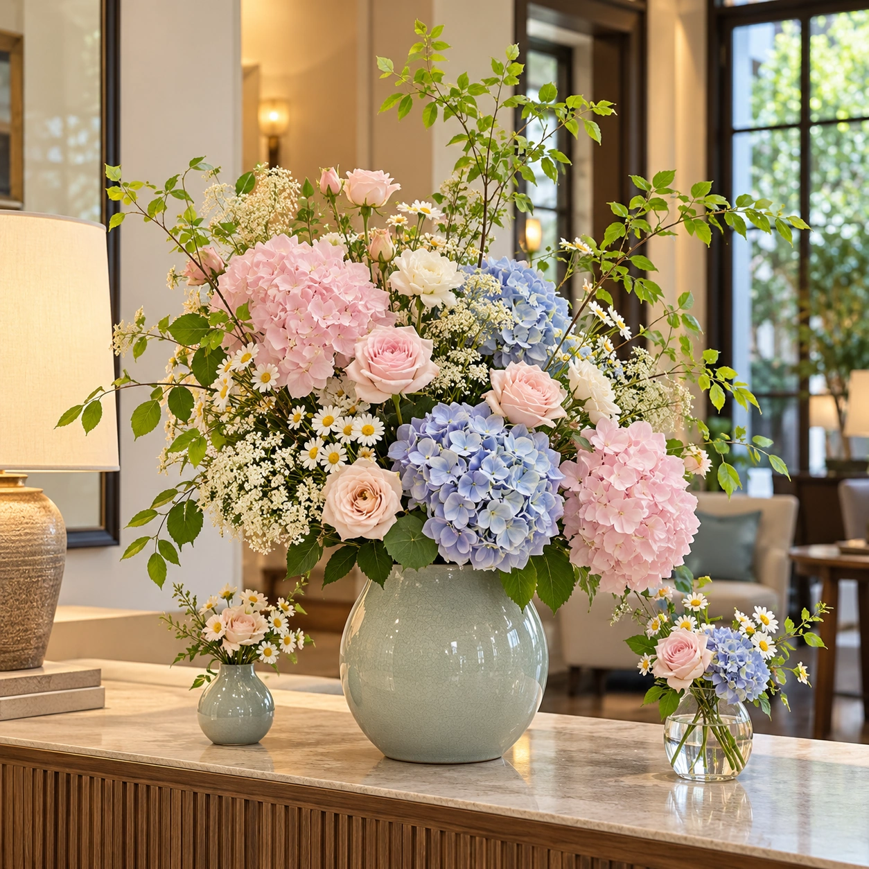 AI design study: Pink and blue hydrangeas in a celadon vase on a lobby console