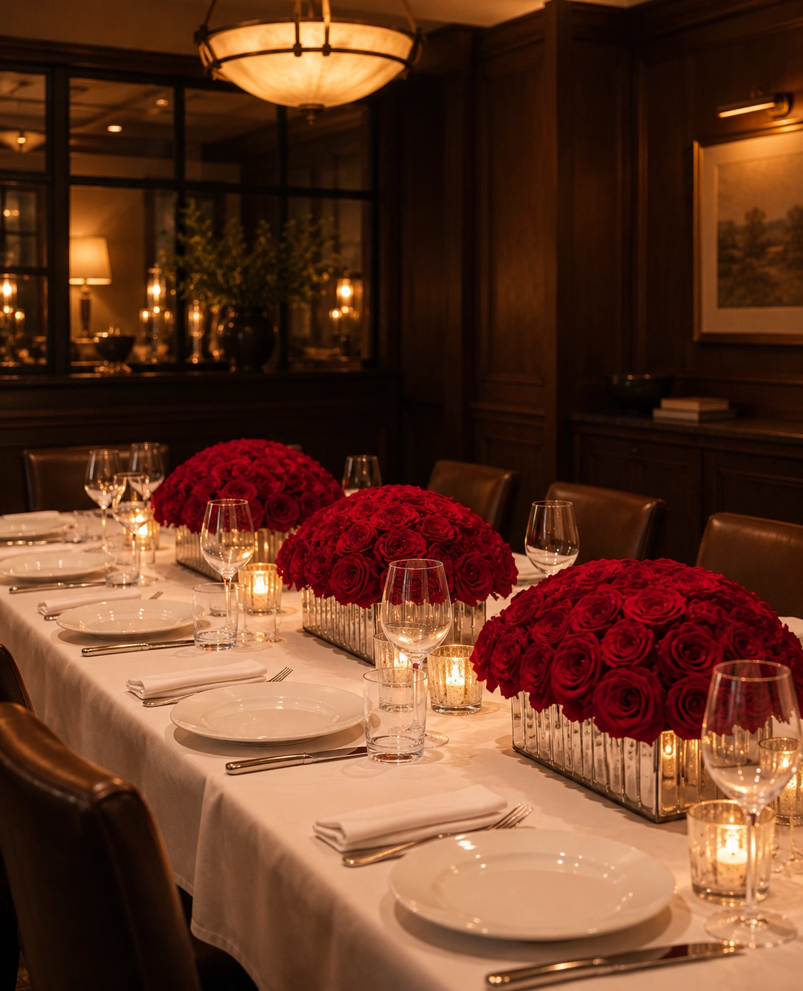 AI design study: Compact red rose arrangements along a restaurant dinner table