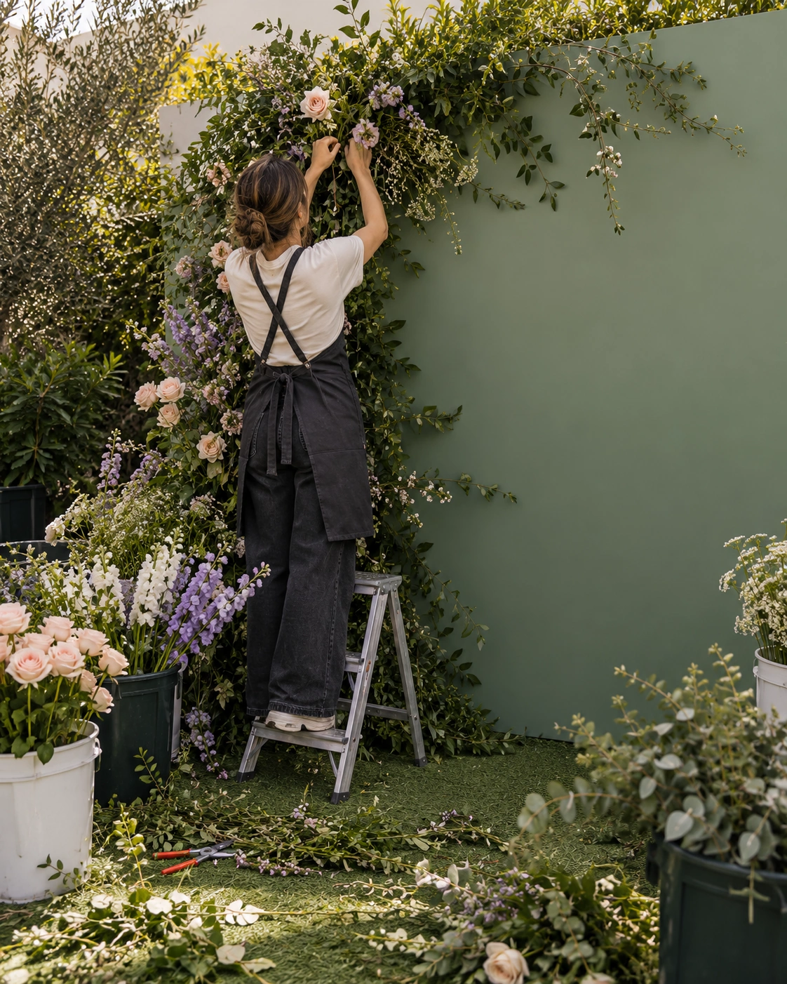 AI design study: A florist arranging greenery and blush flowers around an unbranded garden backdrop