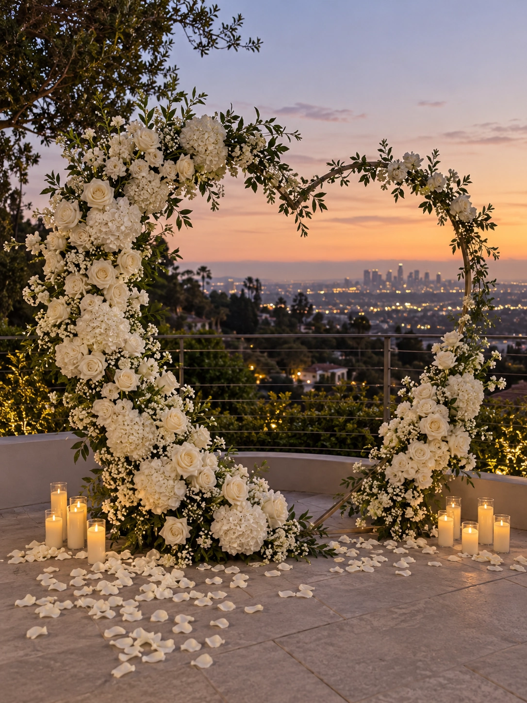 AI design study: A white floral heart and a few candles on a terrace at dusk